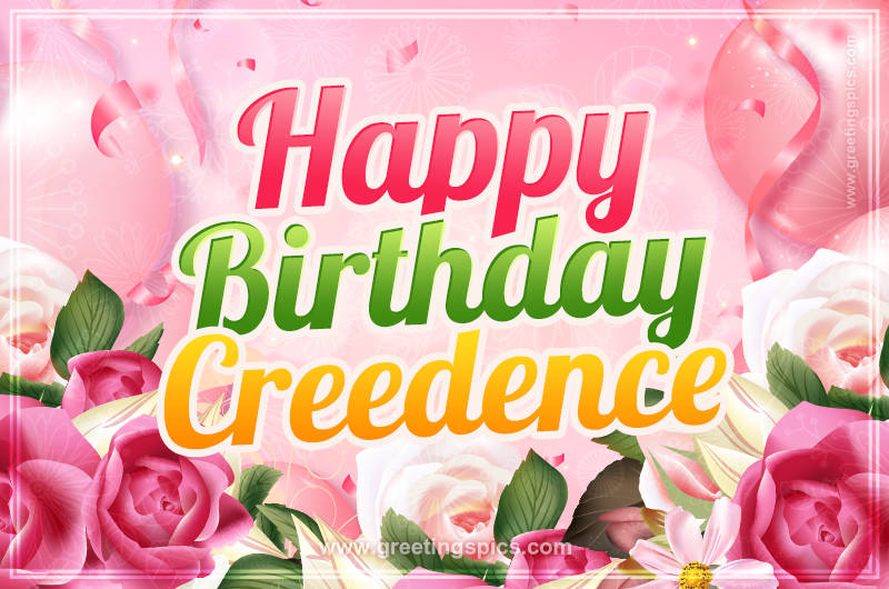 Image with gentle pink background and flowers Happy Birthday Creedence