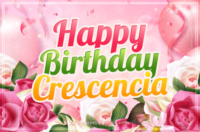 Image with gentle pink background and flowers Happy Birthday Crescencia