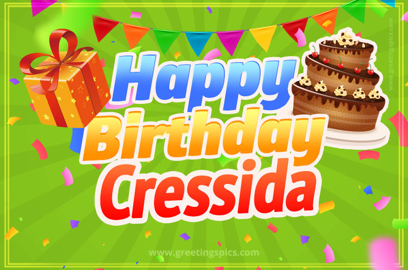 Happy Birthday Cressida picture with flags, chocolate cake and gift box