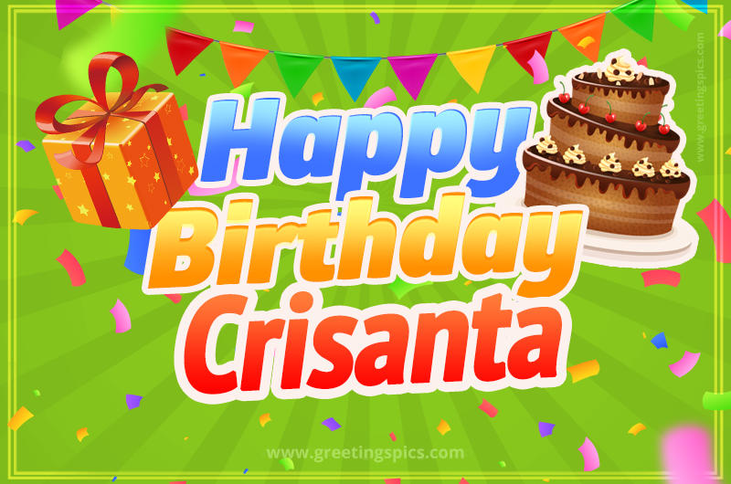 Happy Birthday Crisanta picture with flags, chocolate cake and gift box