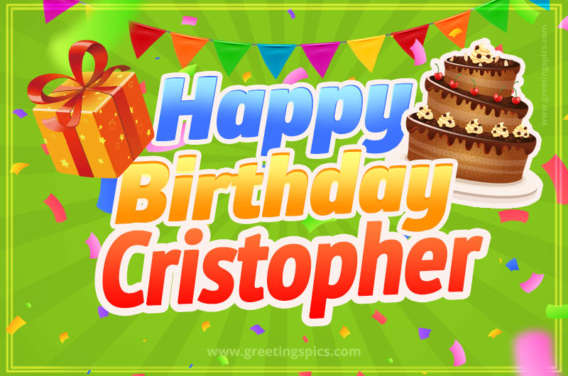 Happy Birthday Cristopher picture with flags, chocolate cake and gift box