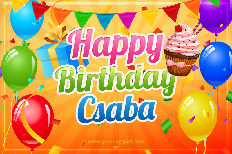 Happy Birthday Csaba eCard with gift box and cupcake