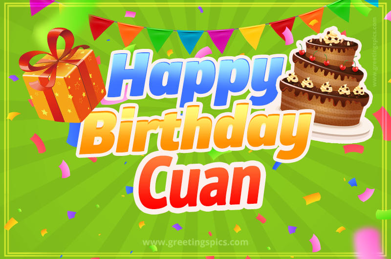 Happy Birthday Cuan picture with flags, chocolate cake and gift box