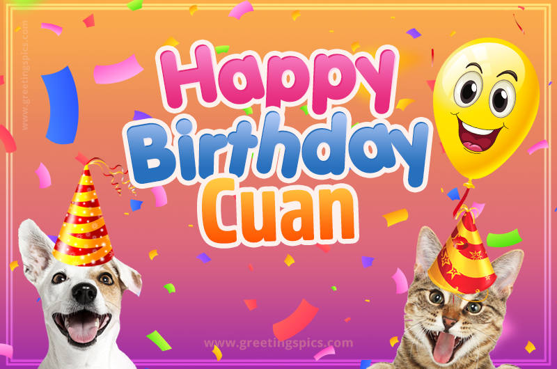 Happy Birthday Cuan Funny Image with cat and dog