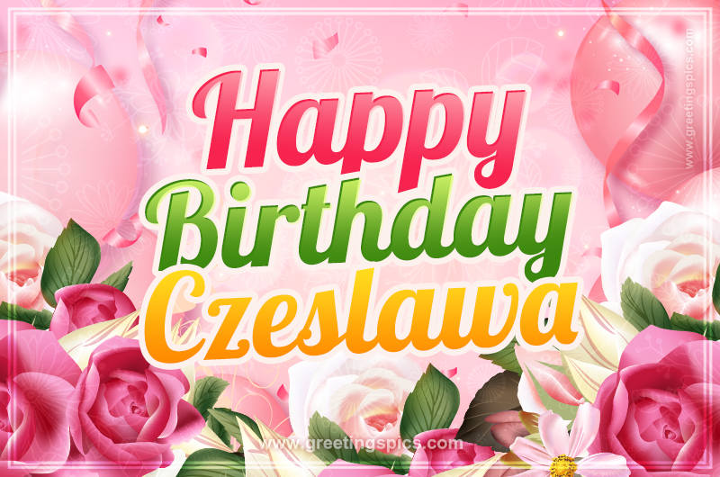 Image with gentle pink background and flowers Happy Birthday Czeslawa