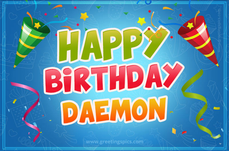 Happy Birthday Daemon picture with confetti and party poppers