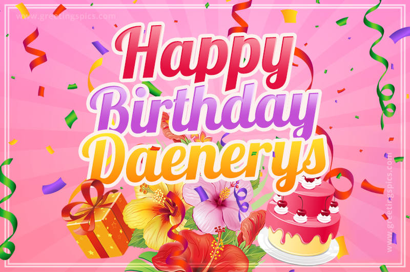 Beautiful Birthday Card for Daenerys with Cake and bouquet of flowers