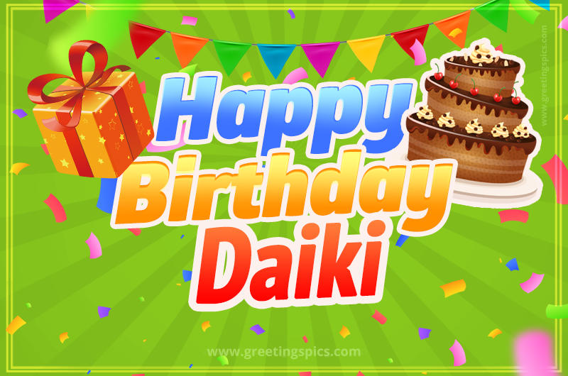 Happy Birthday Daiki picture with flags, chocolate cake and gift box