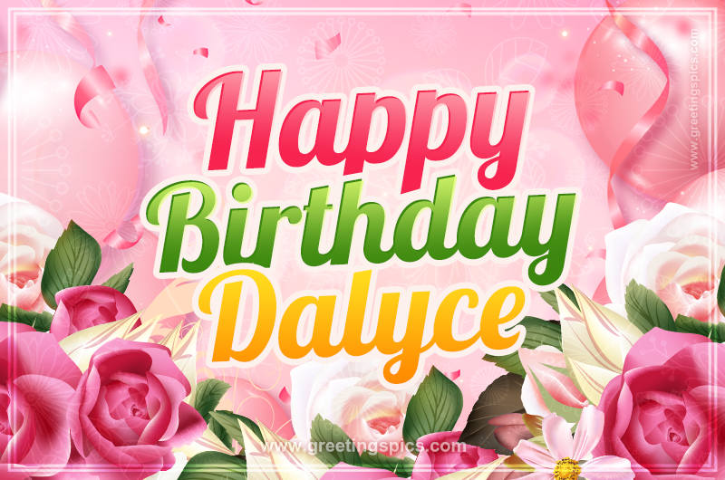 Image with gentle pink background and flowers Happy Birthday Dalyce