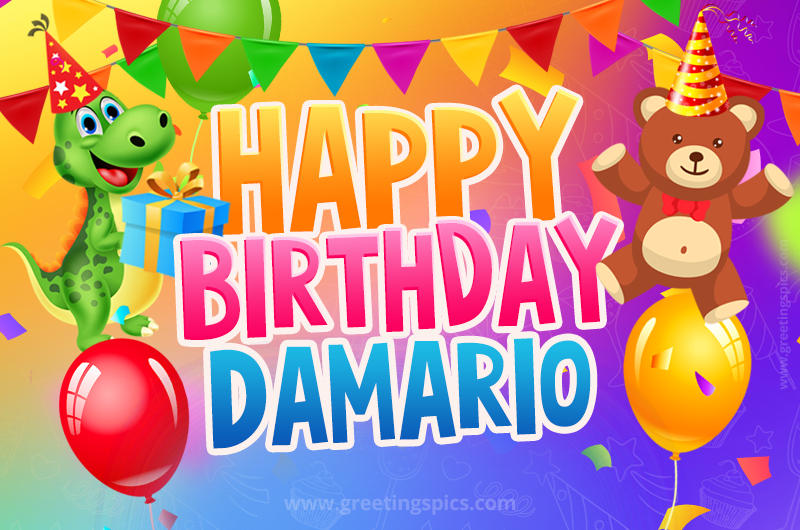 Happy Birthday Damario Image for a child with cute baby dinosaur and bear