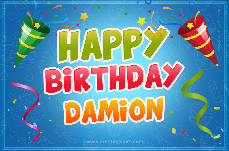 Happy Birthday Damion picture with confetti and party poppers