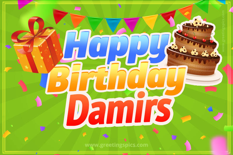 Happy Birthday Damirs picture with flags, chocolate cake and gift box