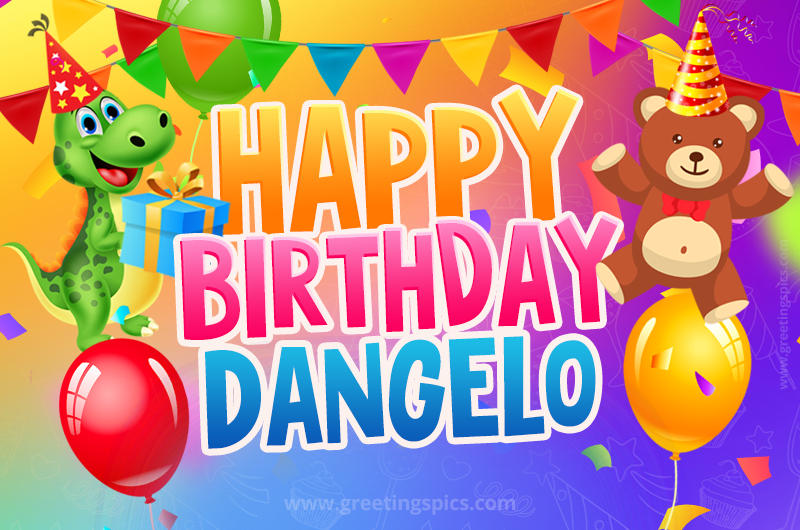 Happy Birthday Dangelo Image for a child with cute baby dinosaur and bear