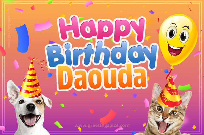 Happy Birthday Daouda Funny Image with cat and dog