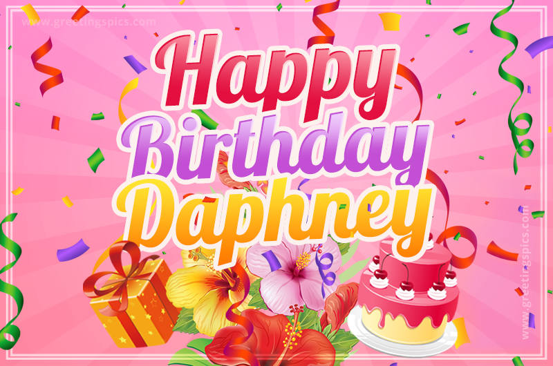 Beautiful Birthday Card for Daphney with Cake and bouquet of flowers