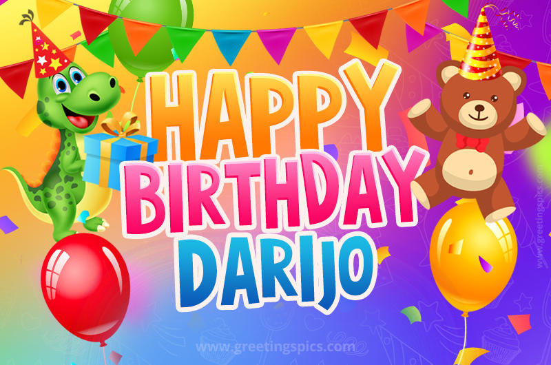 Happy Birthday Darijo Image for a child with cute baby dinosaur and bear