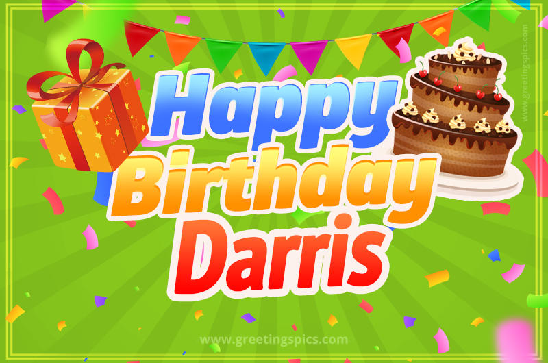 Happy Birthday Darris picture with flags, chocolate cake and gift box