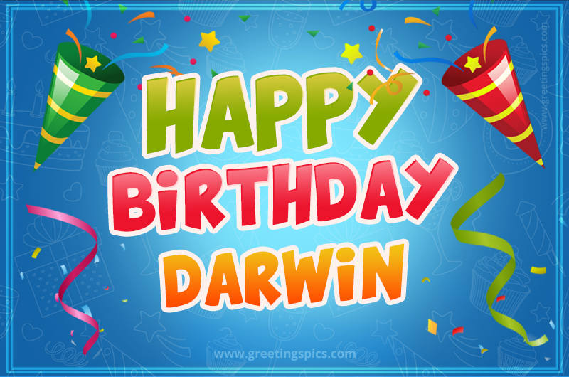 Happy Birthday Darwin picture with confetti and party poppers