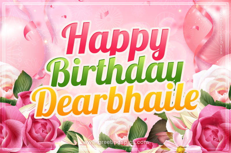 Image with gentle pink background and flowers Happy Birthday Dearbhaile