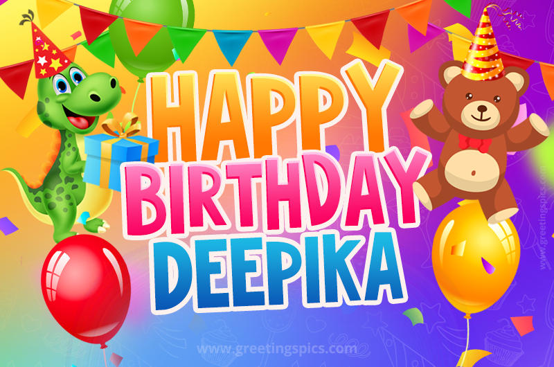 Happy Birthday Deepika Image for a child with cute dinosaur and bear