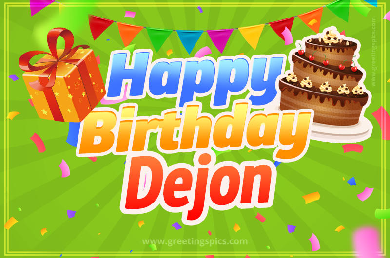 Happy Birthday Dejon picture with flags, chocolate cake and gift box