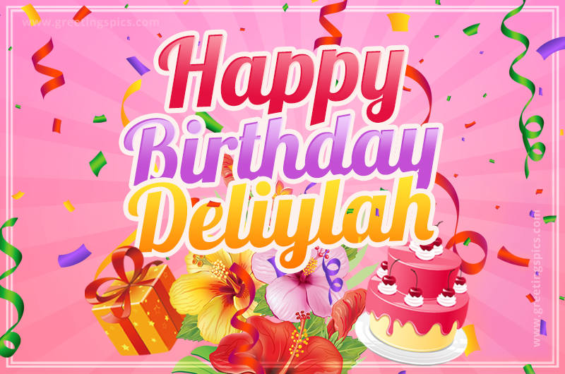 Beautiful Birthday Card for Deliylah with Cake and bouquet of flowers