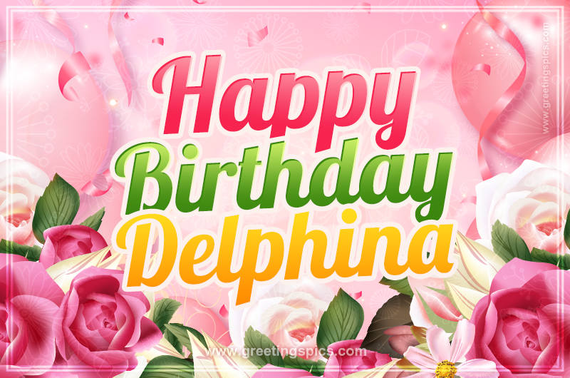 Image with gentle pink background and flowers Happy Birthday Delphina