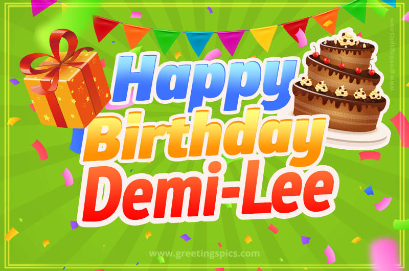 Happy Birthday Demi-Lee picture with flags, chocolate cake and gift box