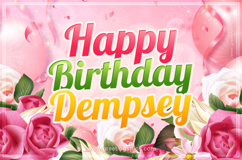 Image with gentle pink background and flowers Happy Birthday Dempsey