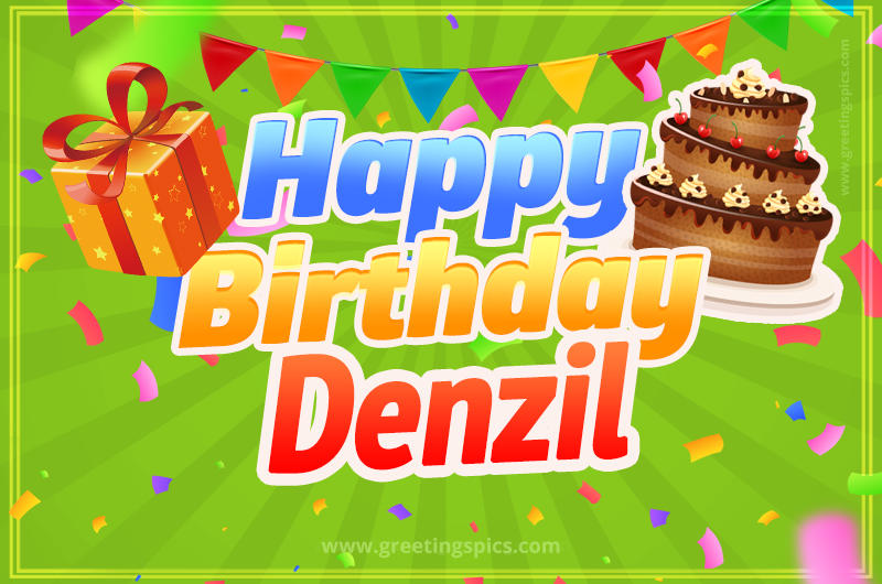 Happy Birthday Denzil picture with flags, chocolate cake and gift box