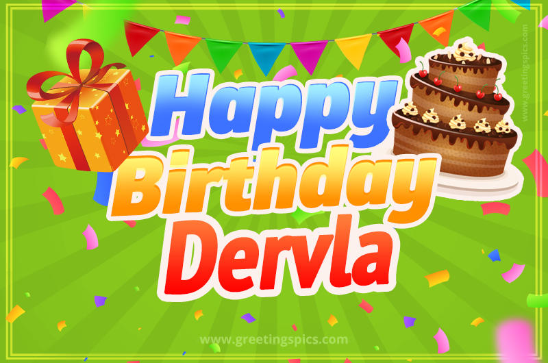 Happy Birthday Dervla picture with flags, chocolate cake and gift box