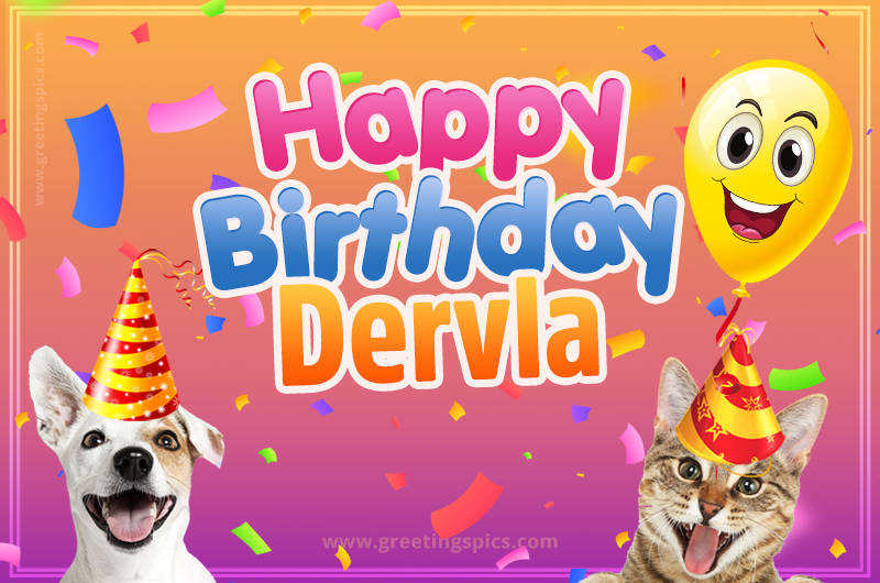 Happy Birthday Dervla Funny Image with cat and dog