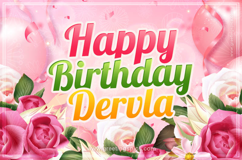 Image with gentle pink background and flowers Happy Birthday Dervla