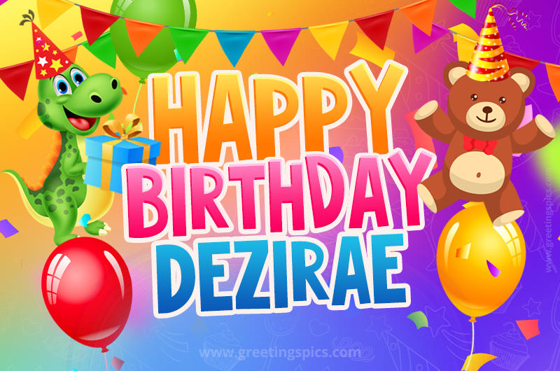 Happy Birthday Dezirae Image for a child with cute dinosaur and bear