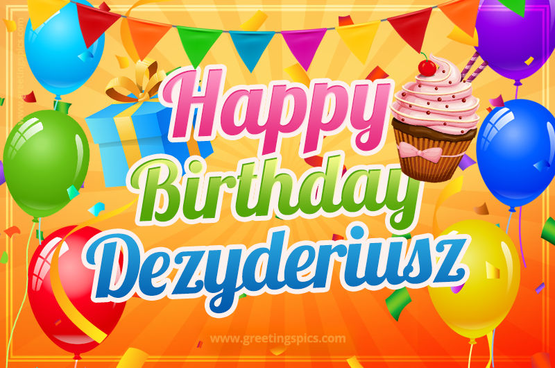 Happy Birthday Dezyderiusz eCard with gift box and cupcake