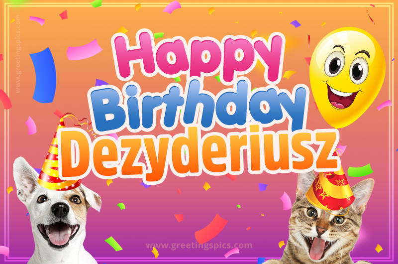 Happy Birthday Dezyderiusz Funny Image with cat and dog