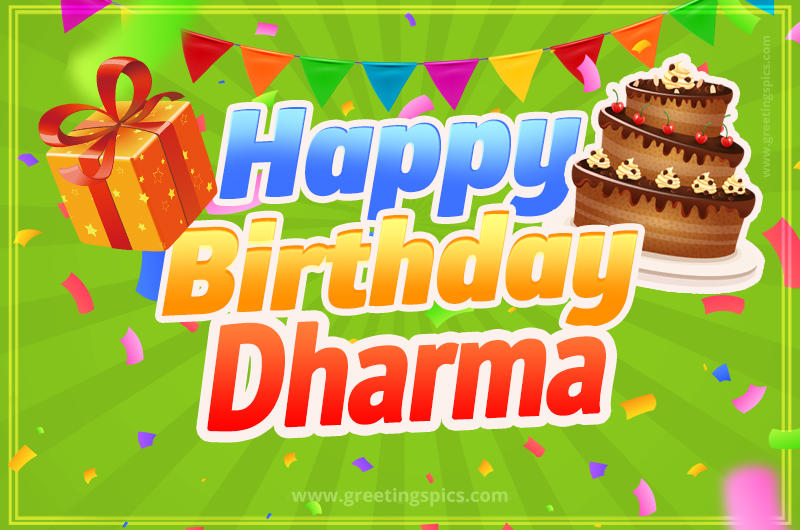 Happy Birthday Dharma picture with flags, chocolate cake and gift box