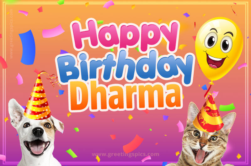 Happy Birthday Dharma Funny Image with cat and dog