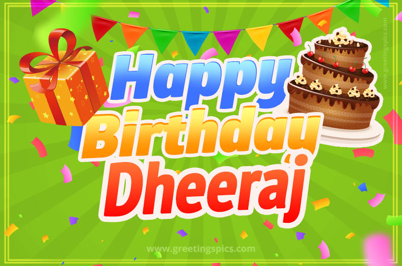 Happy Birthday Dheeraj picture with flags, chocolate cake and gift box