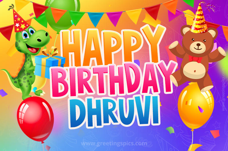 Happy Birthday Dhruvi Image for a child with cute dinosaur and bear