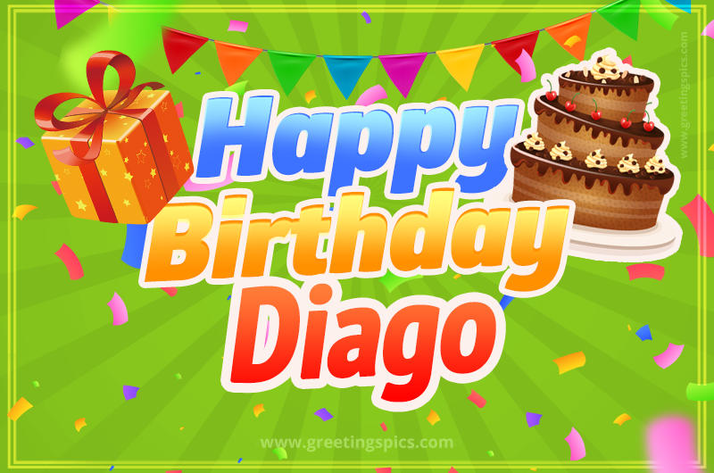 Happy Birthday Diago picture with flags, chocolate cake and gift box