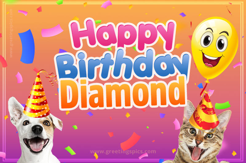 Happy Birthday Diamond Funny Image with cat and dog