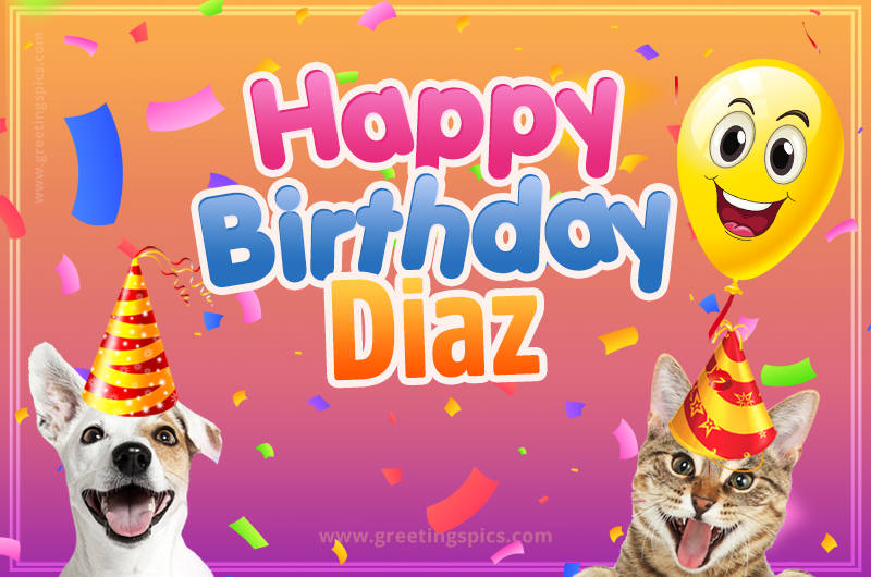 Happy Birthday Diaz Funny Image with cat and dog