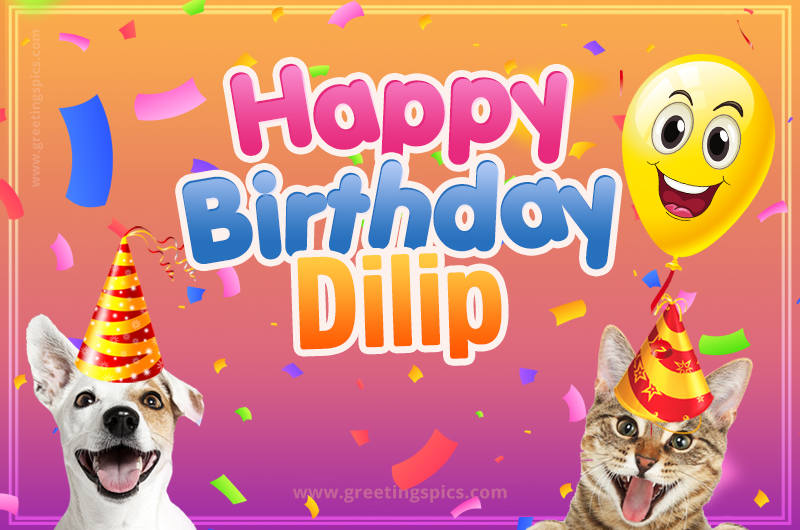 Happy Birthday Dilip Funny Image with cat and dog