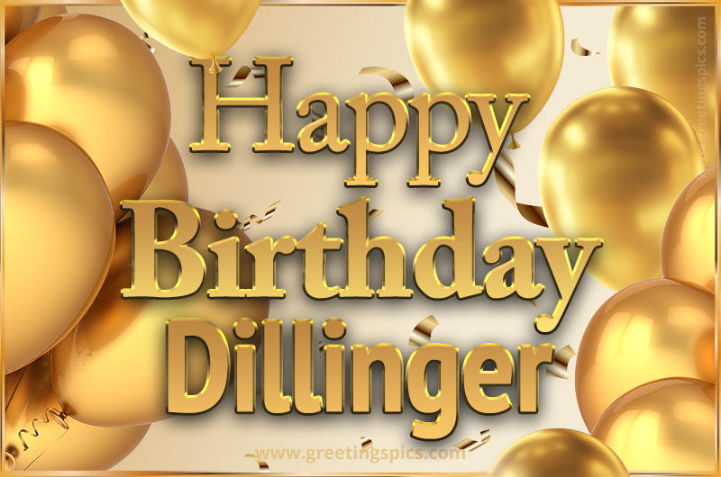 Happy Birthday Dillinger Card with golden confetti and balloons