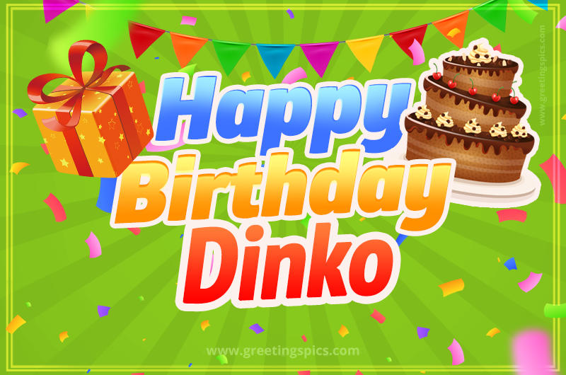 Happy Birthday Dinko picture with flags, chocolate cake and gift box