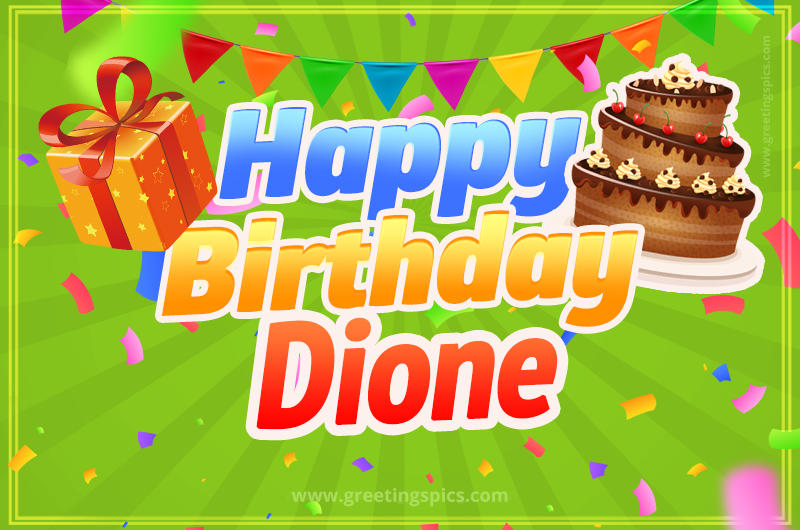 Happy Birthday Dione picture with flags, chocolate cake and gift box