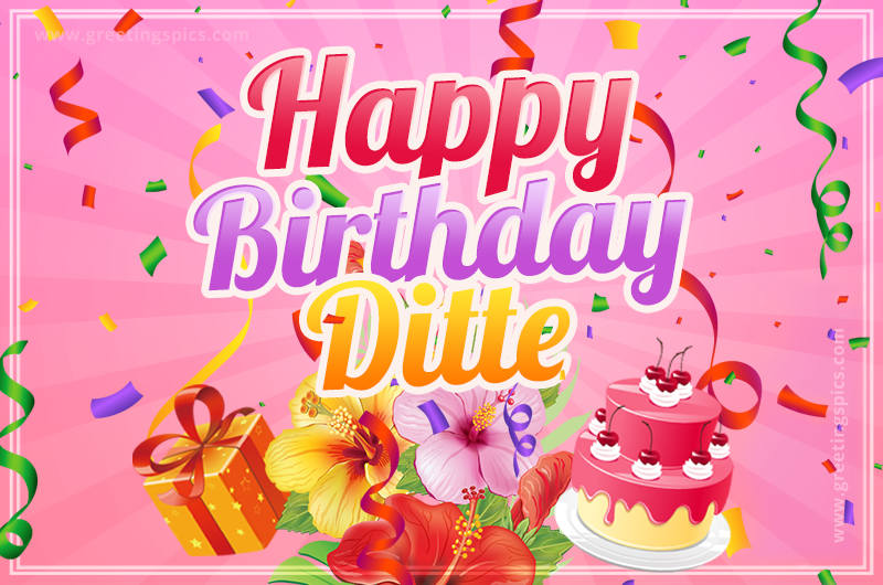 Beautiful Birthday Card for Ditte with Cake and bouquet of flowers