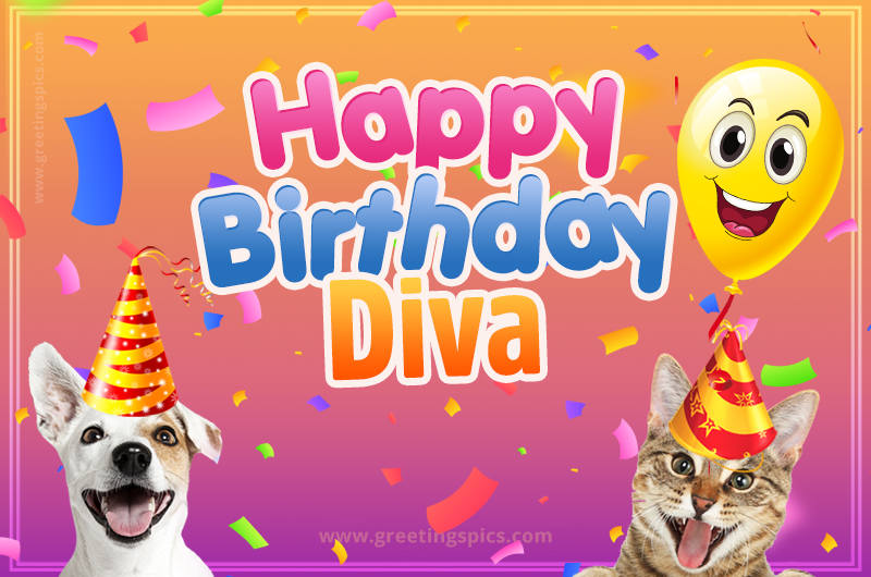 Happy Birthday Diva Funny Image with cat and dog