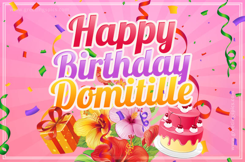 Beautiful Birthday Card for Domitille with Cake and bouquet of flowers